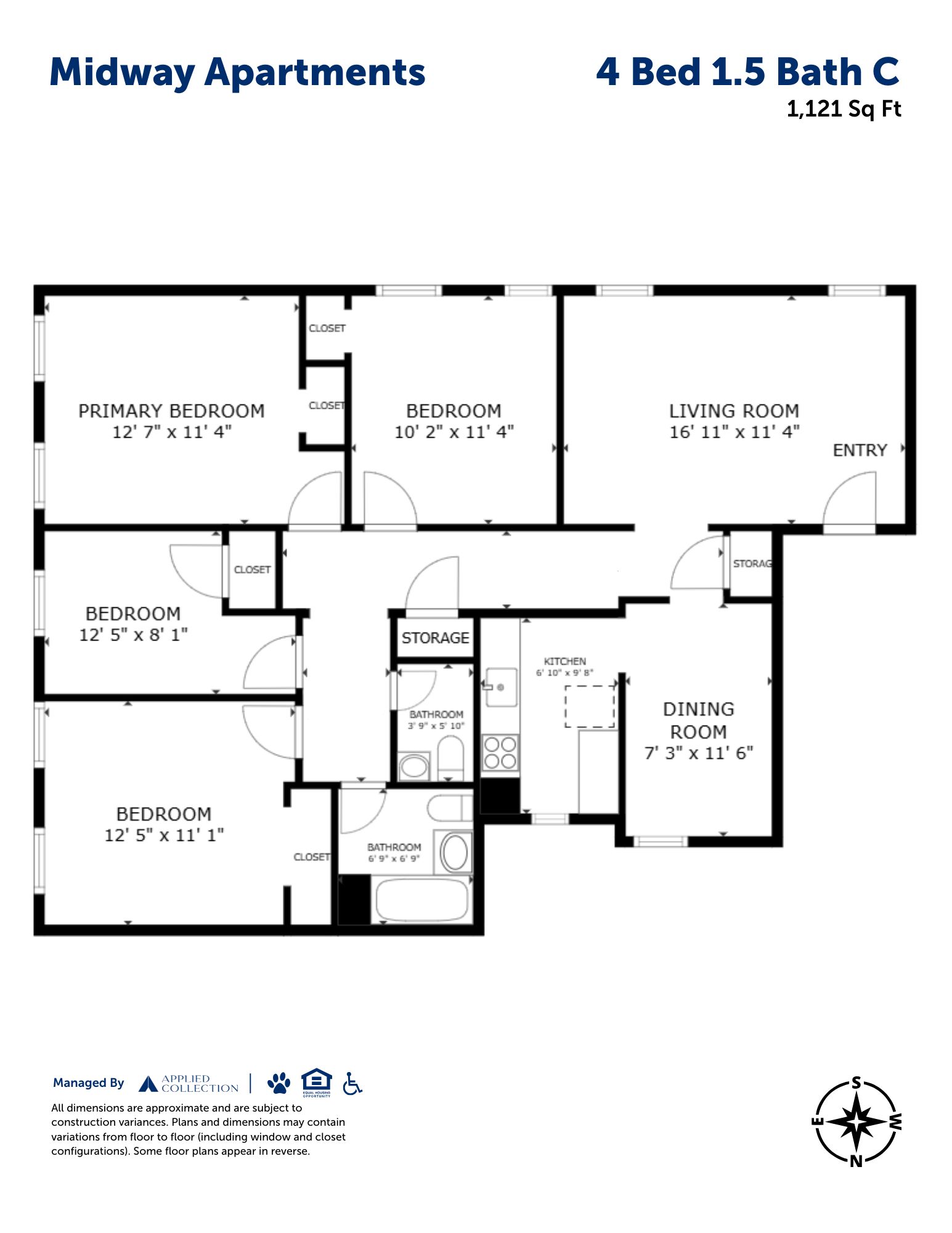 Floor plan for 4 beds, 1.5 baths, 1121 sqft